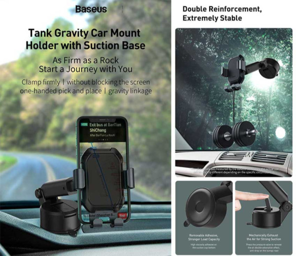 Baseus Tank Gravity Car Mount Holder With Suction Base Tarnish - Black