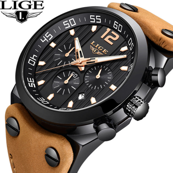 LIGE 9890 Top Brand Luxury Chronograph Leather Sport Quartz Wrist Watch