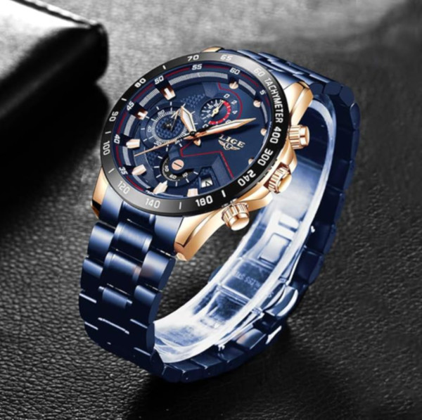 LIGE 9982 Blue Men Quartz Watches Luxury Stainless Steel Wrist Watch