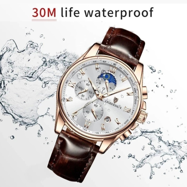 LIGE 8951 Top Brand Leather Chronograph Waterproof watch