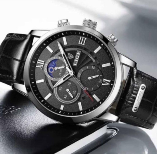 LIGE Men's Watches Black Top Brand Luxury Men Wrist Watch Man Leather