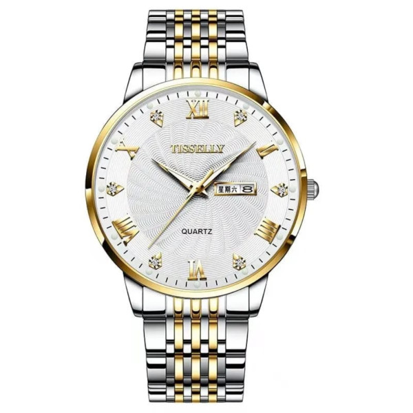 Stainless Steel Band Classic Mens Gold Watch Diamond Quartz