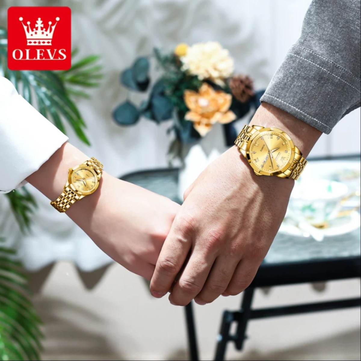 Olevs cutting glass stylish analog couple watch for men and women AD