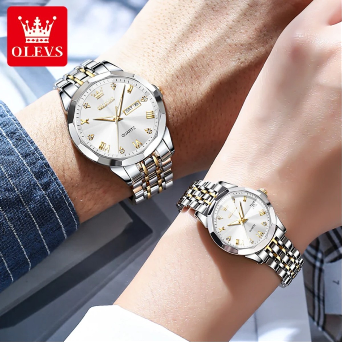 Olevs cutting glass stylish analog couple watch for men and women AD