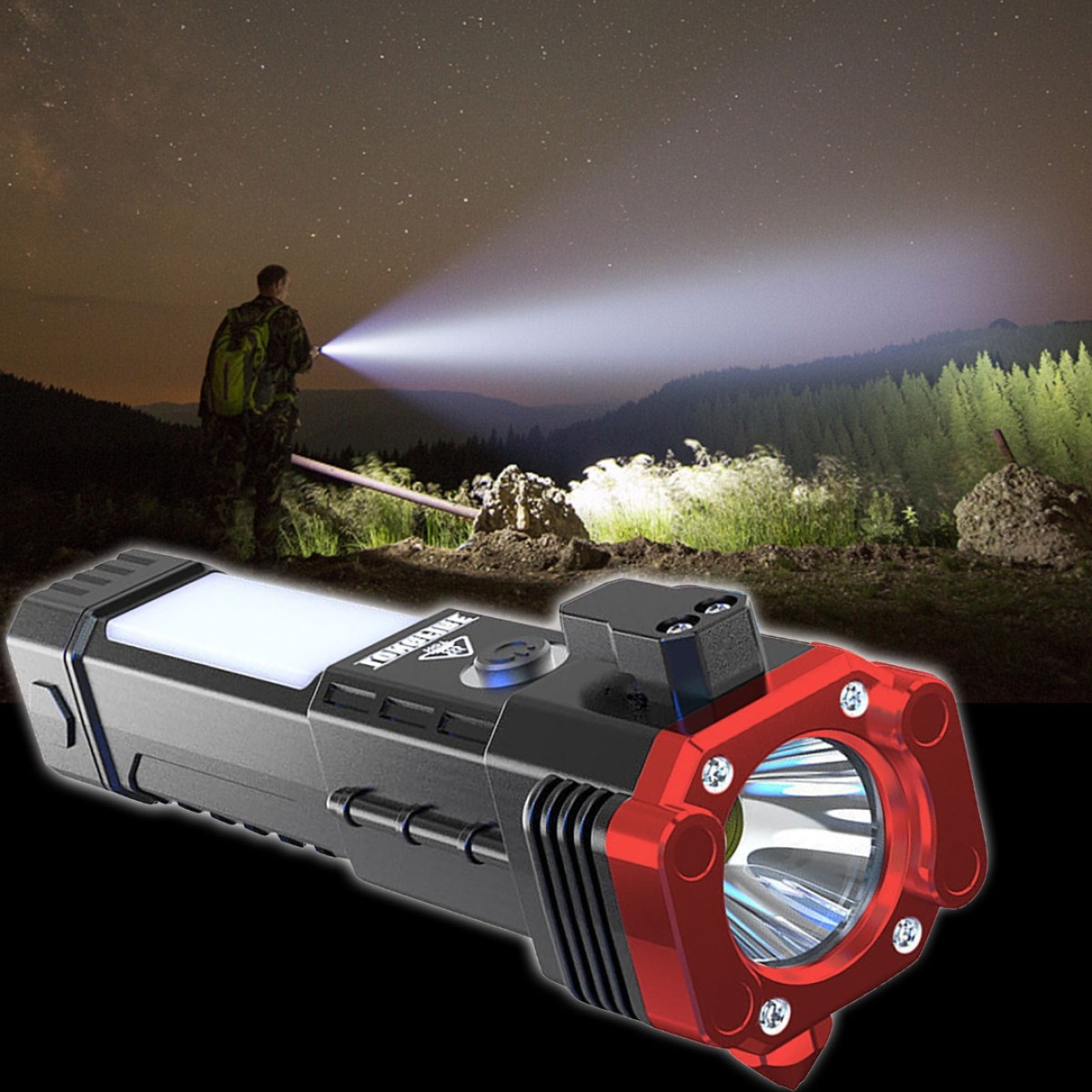 Super Bright LED Flashlight with Safety Hammer Side Light