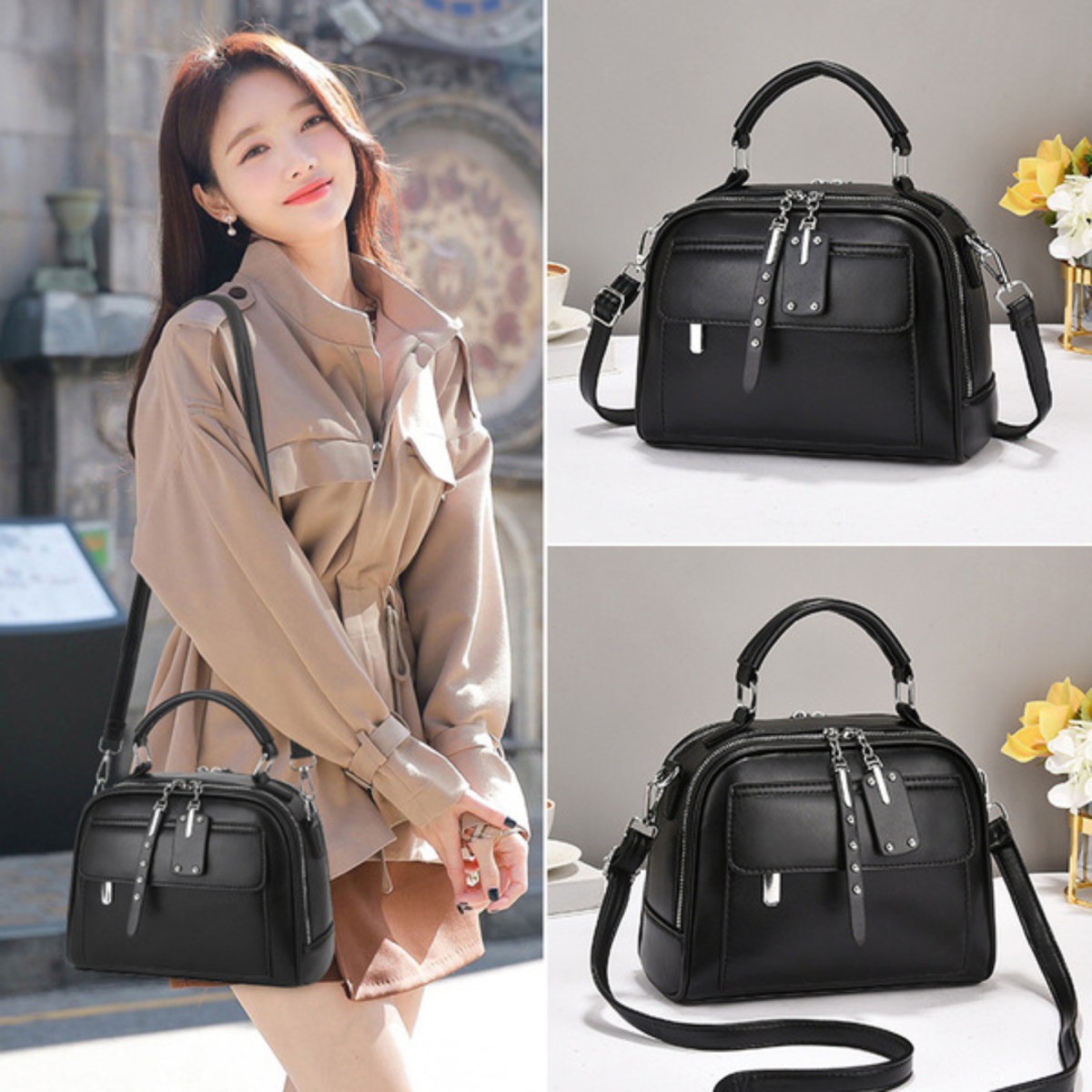 High end ladies' handbag multi-layer large capacity commuting bag (Black)