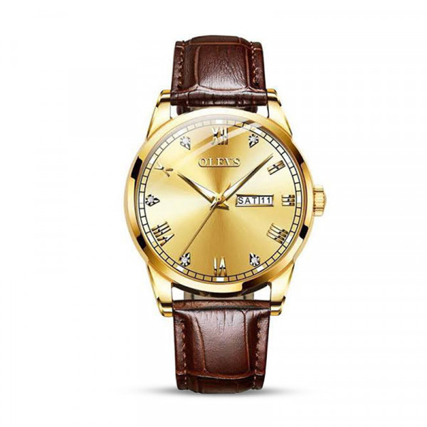 Leather Watch For Men - Chocolate and Golden Olevs 6896