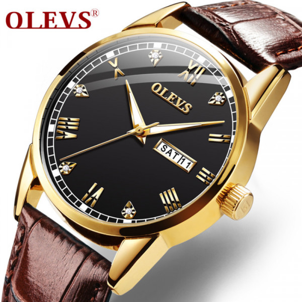 Leather Watch For Men - Chocolate and Golden Olevs 6896