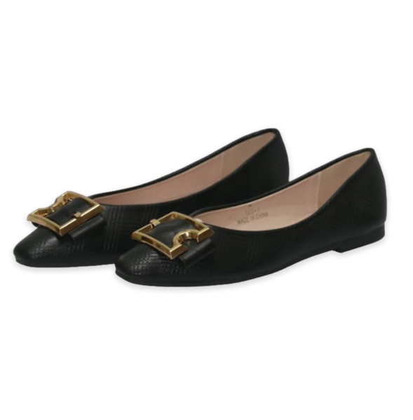 PU leather Flat Pump Shoe For Women - Black - 568-1