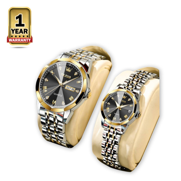 OLEVS 9931 Stainless Steel Diamond Cut Couple Watch - Silver Gold and Black