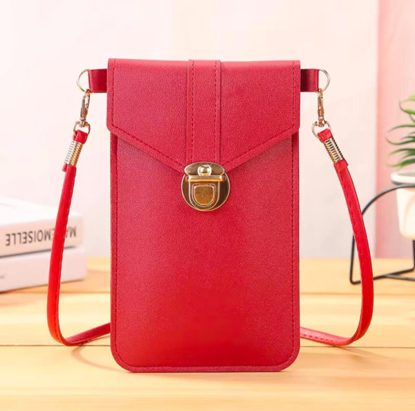 Women's PU Leather Phone Holder With Neck Strap Wallets Touch Screen Bags(Red)