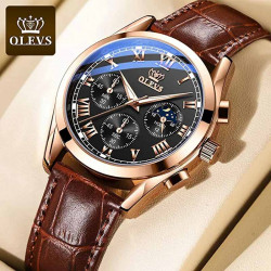 Brown Leather Analog Watch For Men - Olevs 2871