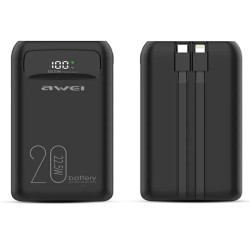 Awei P168K 22.5W Power Bank Fast Charging with LCD Display and Built-in Cables - 10000mAh