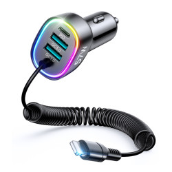 JOYROOM JR-CL20 57W 4-in-1 Car Charger with Coiled Lightning Cable - Black