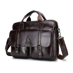 LAOSHIZI Cowhide Leather Vintage Messenger Bag for Men - Chocolate