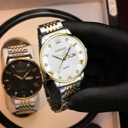 Stainless Steel Band Classic Mens Gold Watch Diamond Quartz