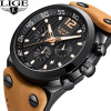 LIGE 9890 Top Brand Luxury Chronograph Leather Sport Quartz Wrist Watch