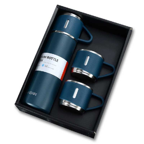 Steel Vacuum Flask Set with 3 Steel Cups Combo- 500ml with Gift Box- Keeps HOT/Cold