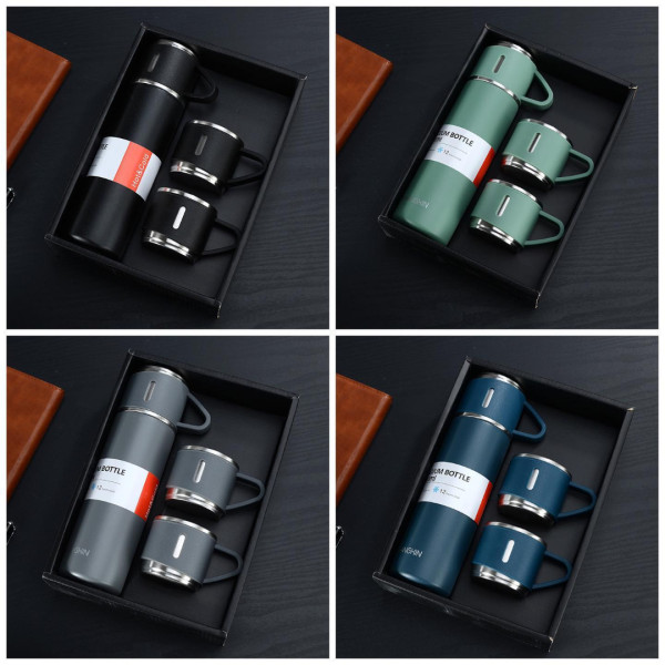 Steel Vacuum Flask Set with 3 Steel Cups Combo- 500ml with Gift Box- Keeps HOT/Cold