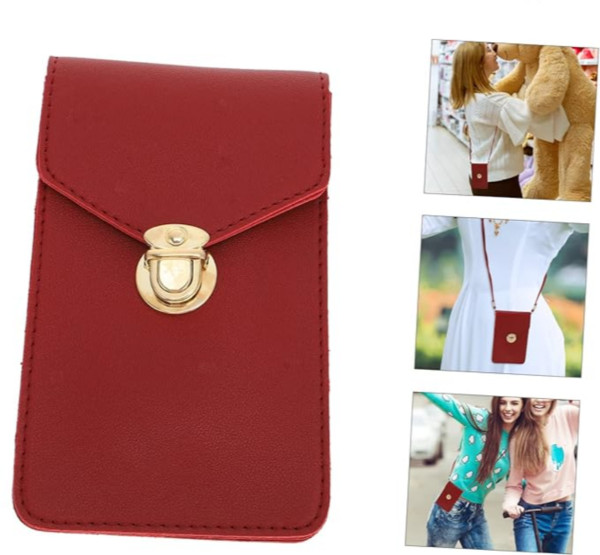 Women's PU Leather Phone Holder With Neck Strap Wallets Touch Screen Bags(Red)