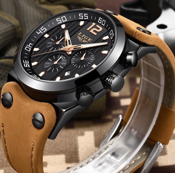 LIGE 9890 Top Brand Luxury Chronograph Leather Sport Quartz Wrist Watch