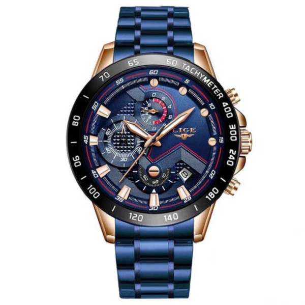 LIGE 9982 Blue Men Quartz Watches Luxury Stainless Steel Wrist Watch