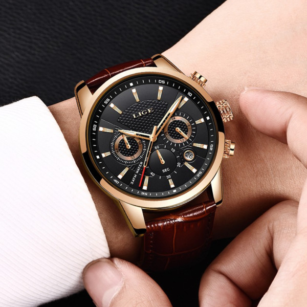 LIGE 9866F Mens Watches Top Brand Luxury Leather Casual Quartz Watch