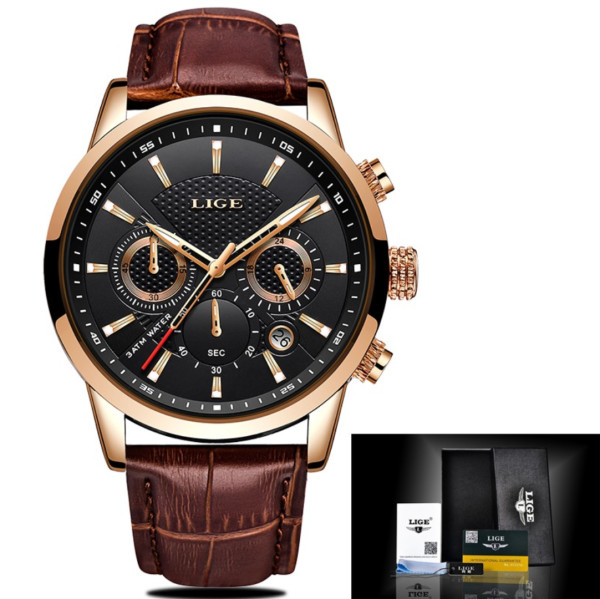 LIGE 9866F Mens Watches Top Brand Luxury Leather Casual Quartz Watch