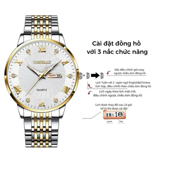 Stainless Steel Band Classic Mens Gold Watch Diamond Quartz