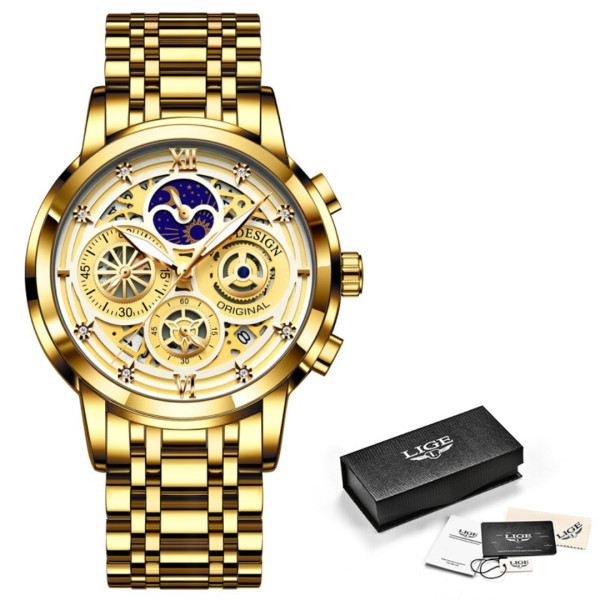 LIGE Sport Men Watch Top Brand Luxury Gold Stainless Steel Watch