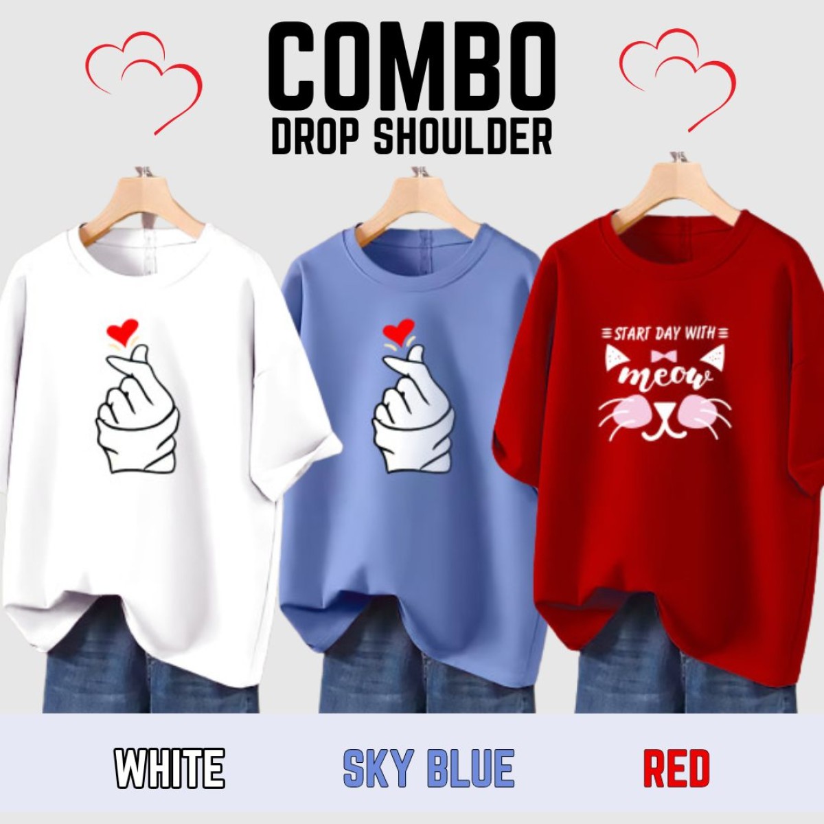 3 pcs Combo Lovely Drop shoulder T-shirt for Women