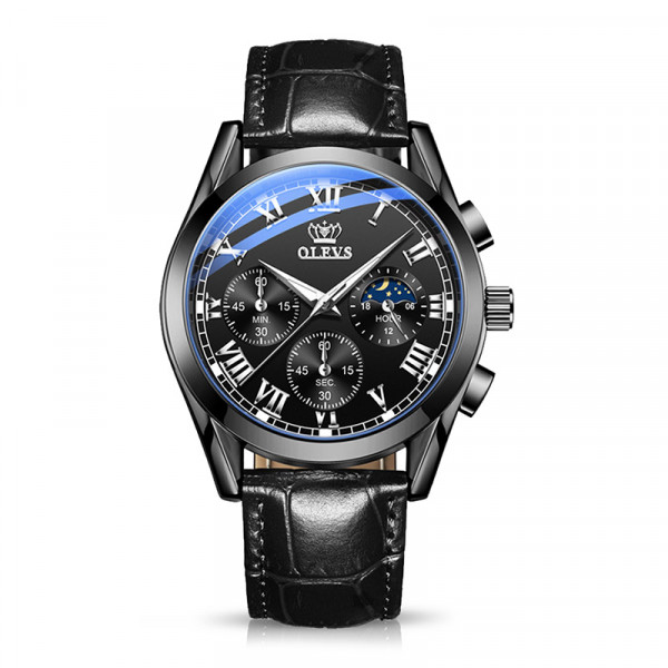 Black Leather Analog Watch For Men -Olevs 2871