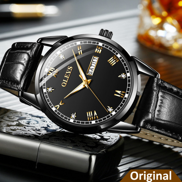 Leather Watch For Men - Black Olevs 6896