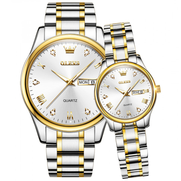 Couple Olevs 5563 Fancy Luxury Business Quartz Analog Wrist Watch Silver & Gold