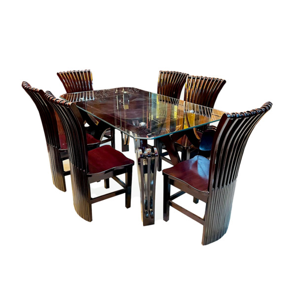 MDF Wood Process Wood Dining Table With 6 Chair Moyur - Dark Brown - FHD01