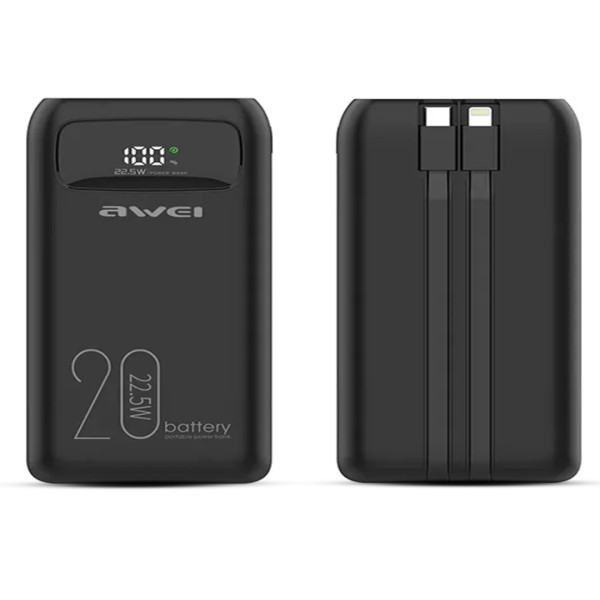 Awei P168K 22.5W Power Bank Fast Charging with LCD Display and Built-in Cables - 10000mAh