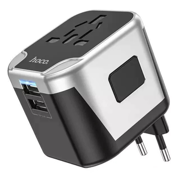 Hoco Ac5 2Usb+1Socket Universal Conversion Wall Charger - Grey