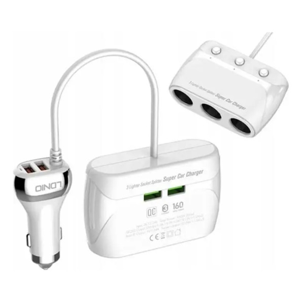 LDNIO C504 Dual QC3.0 Fast Car Charger With 3 Slot Socket Adapter - White