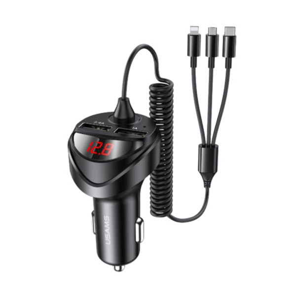 USAMS US-CC119 C22 3.4A Dual USB Digital Display Car Charger with 3 In 1 Spring Cable