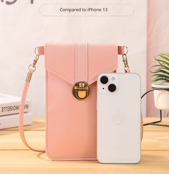 Women's PU Leather Phone Holder With Neck Strap Wallets Touch Screen Bags(pink)