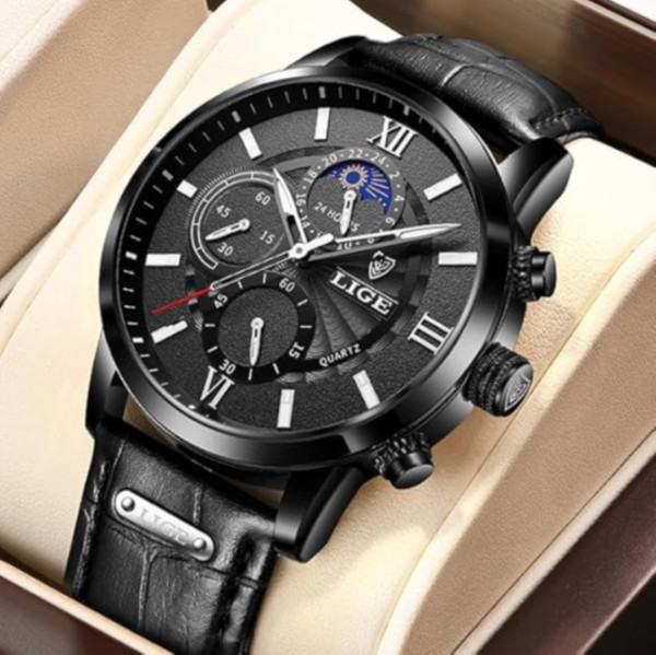 LIGE Men's Watches Black Top Brand Luxury Men Wrist Watch Man Leather