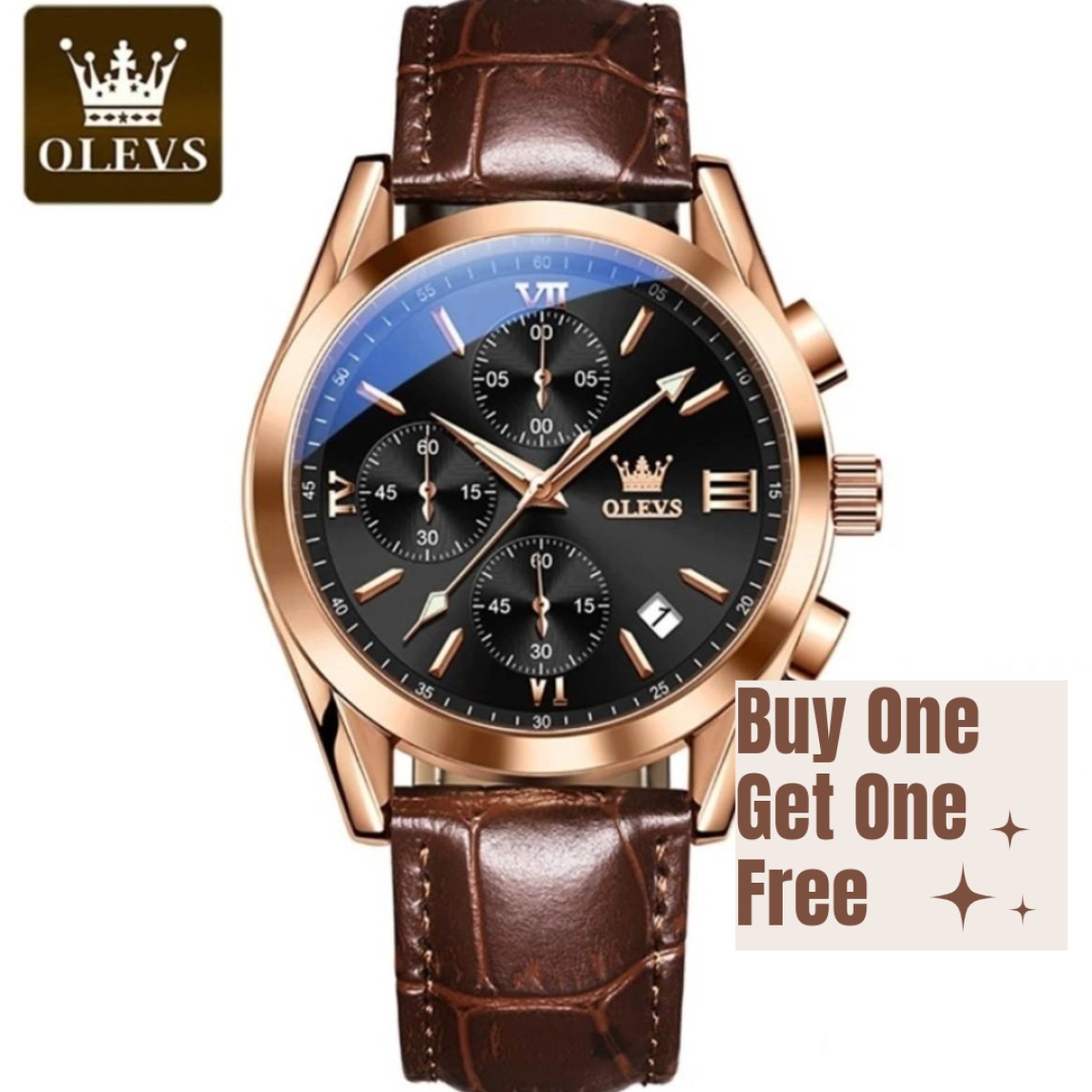 Buy 1 Olevs 2872 Fashionable Analog leather Men's Watch Get 1 Free