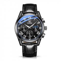 Black Leather Analog Watch For Men -Olevs 2871