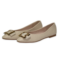 PU leather Flat Pump Shoe For Women - Cream - 586-2