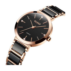 OLEVS 5877 Stainless Steel Ceramics Quartz Watch For Women - Black and Rose Gold