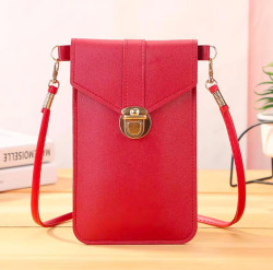 Women's PU Leather Phone Holder With Neck Strap Wallets Touch Screen Bags(Red)