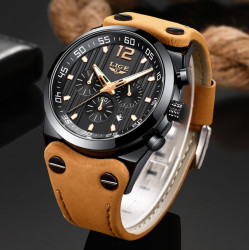 LIGE 9890 Top Brand Luxury Chronograph Leather Sport Quartz Wrist Watch